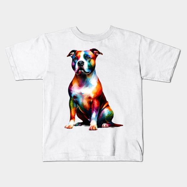 Expressive American Staffordshire Terrier in Colorful Splash Art Kids T-Shirt by ArtRUs